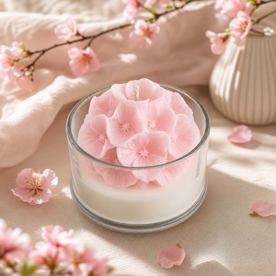 A glass jar candle filled with layered white wax and a top of soft pink cherry blossoms, styled on a beige fabric surface with scattered petals, a vase, and blurred blossoms in the background.
