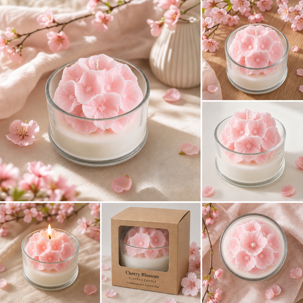 A collage showing a cherry blossom scented candle in a clear glass jar, with pink flower-shaped wax petals on top of white wax. The candle is shown lit in a glass holder, in a kraft paper box with a window labeled 'Cherry Blossom Scented Candle', and from multiple angles on soft pink fabric with scattered pink blossoms.