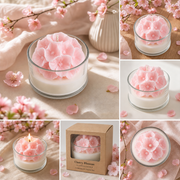 A collage showing a cherry blossom scented candle in a clear glass jar, with pink flower-shaped wax petals on top of white wax. The candle is shown lit in a glass holder, in a kraft paper box with a window labeled 'Cherry Blossom Scented Candle', and from multiple angles on soft pink fabric with scattered pink blossoms.