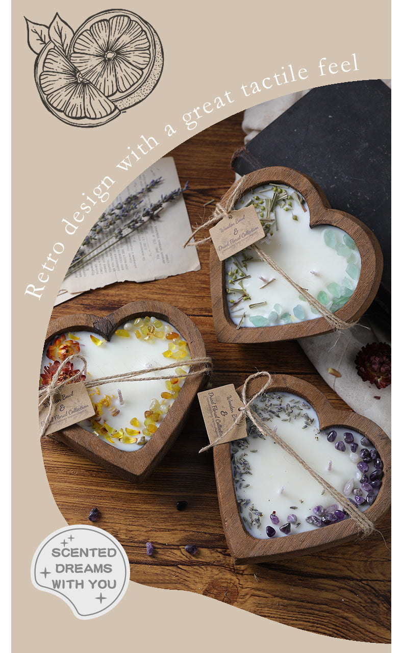 Heart & Rectangle shaped Wooden Scented Candle with dried flowers
