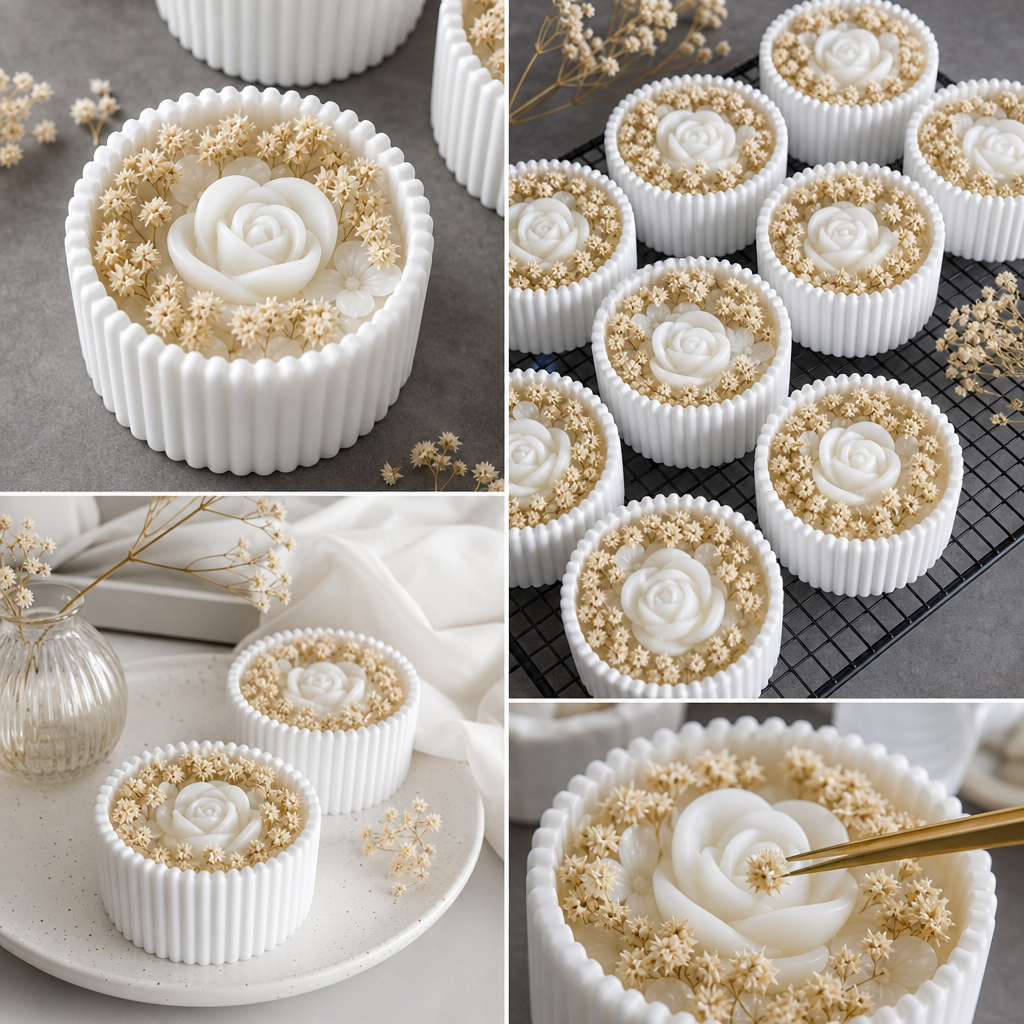 Handmade Floral Wedding Favor Candles – White Rose & Dried Flower Soy Wax