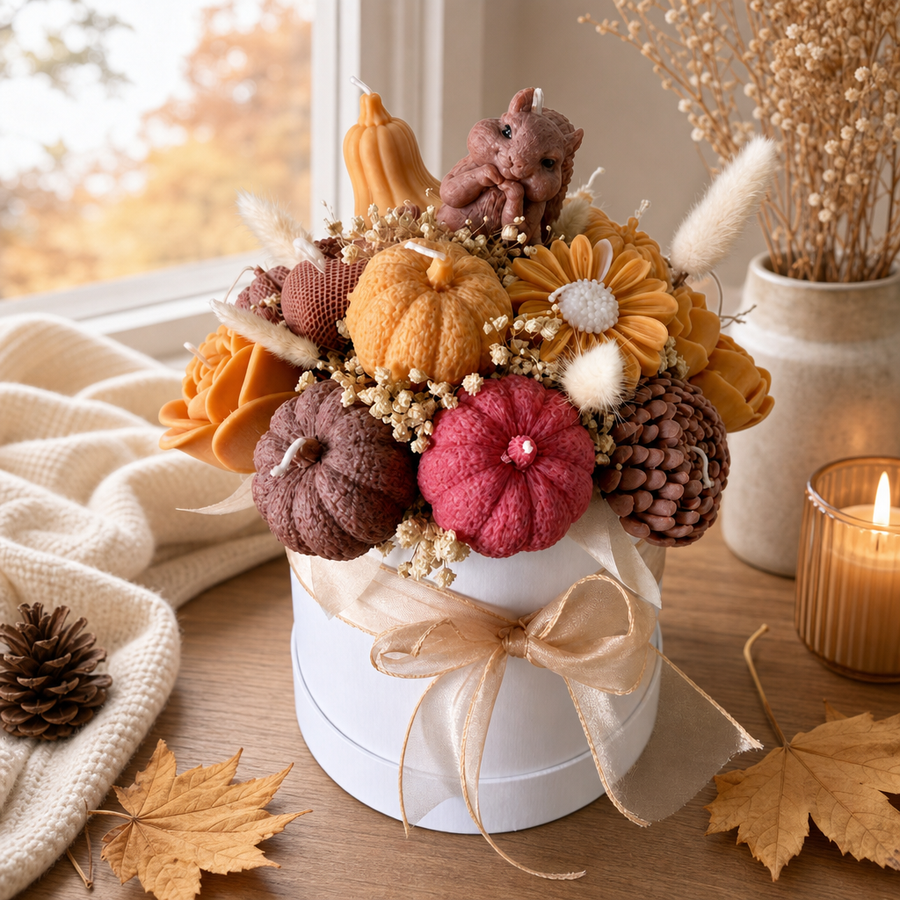 A decorative autumn-themed gift arrangement in a round white box, featuring sculpted pumpkins and gourds in orange, brown, and pink, a small bear figurine, dried flowers, and a beige ribbon bow, styled on a wooden surface with a candle, blanket, and window in the background.