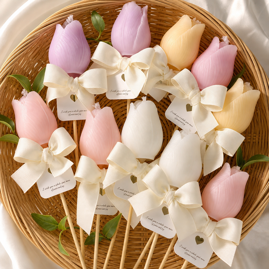 Realistic 3D Tulip Flower Candles with Wooden Stem