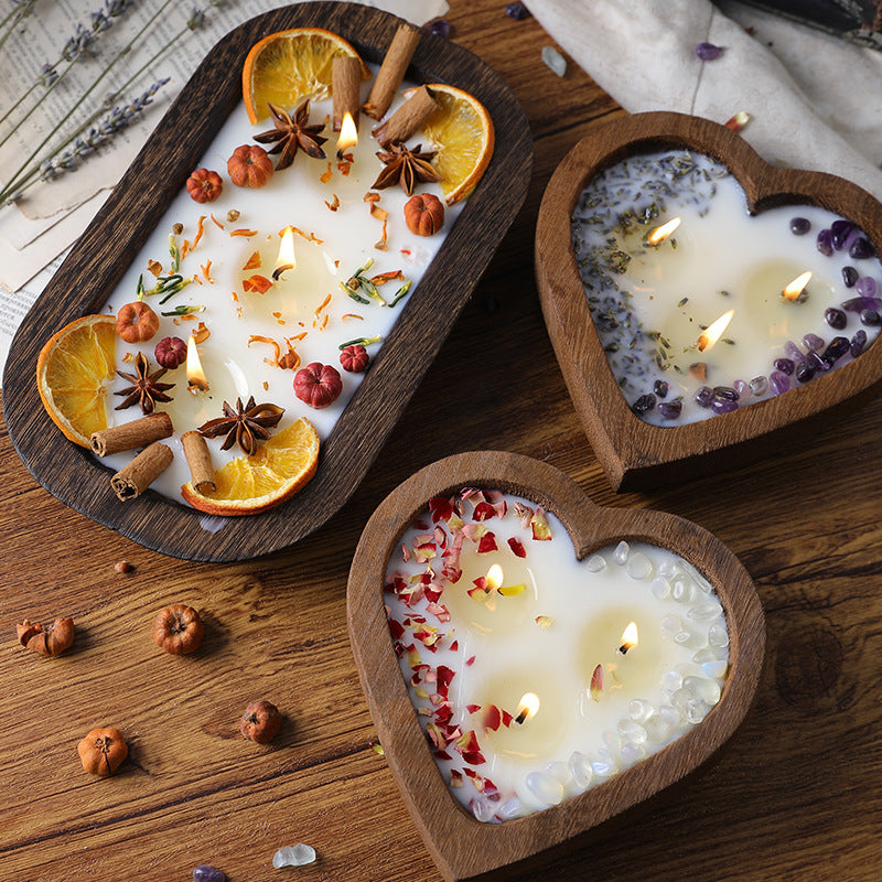 Heart & Rectangle shaped Wooden Scented Candle with dried flowers