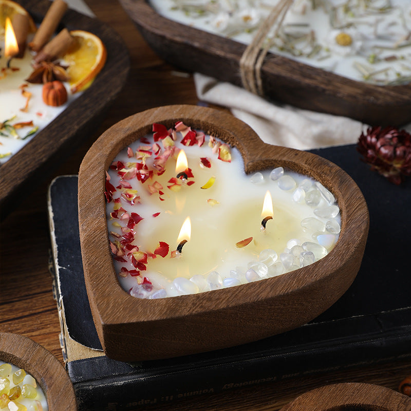 Heart & Rectangle shaped Wooden Scented Candle with dried flowers
