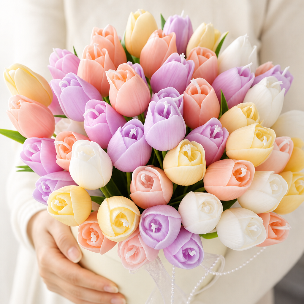 Realistic 3D Tulip Flower Candles with Wooden Stem