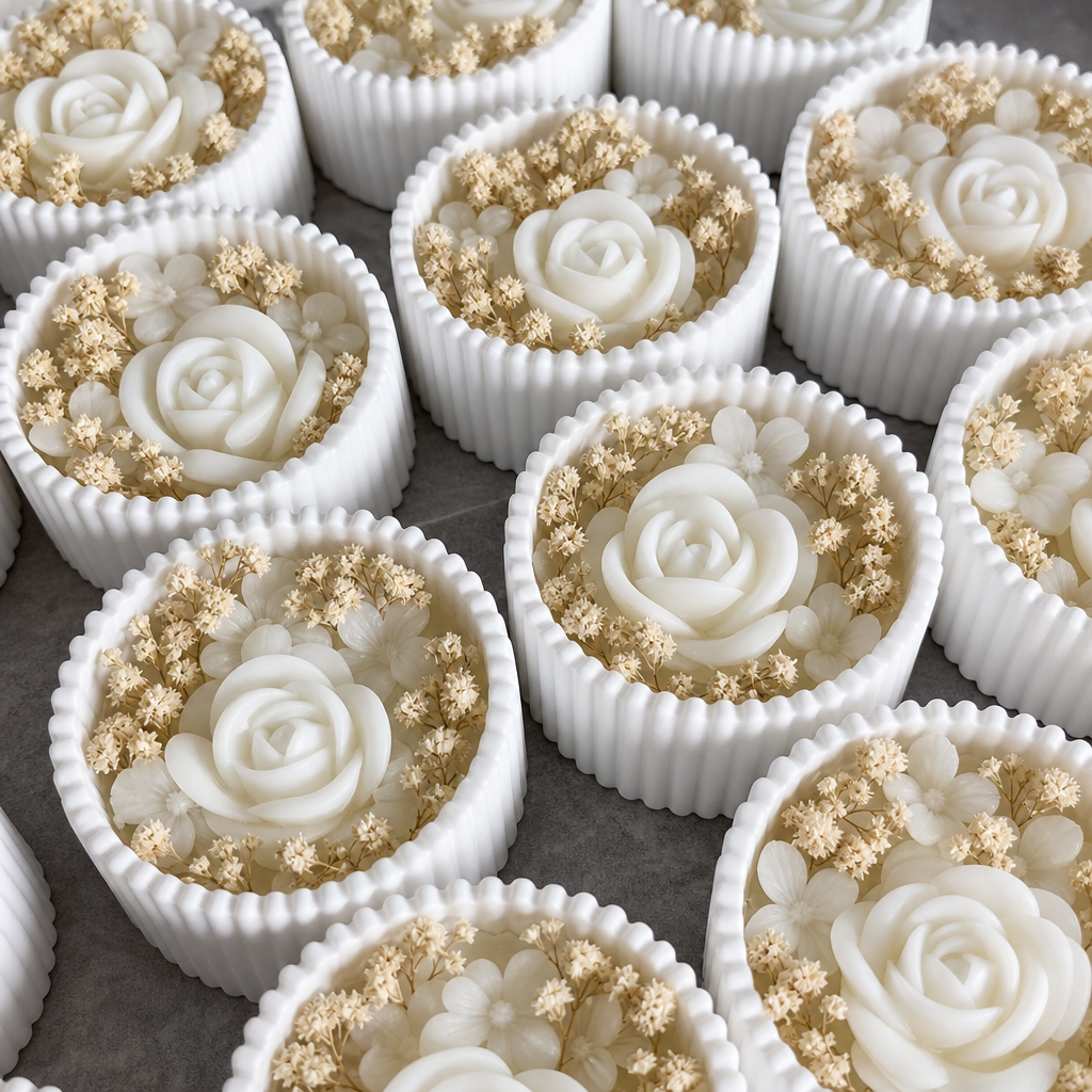 Handmade Floral Wedding Favor Candles – White Rose & Dried Flower Soy Wax