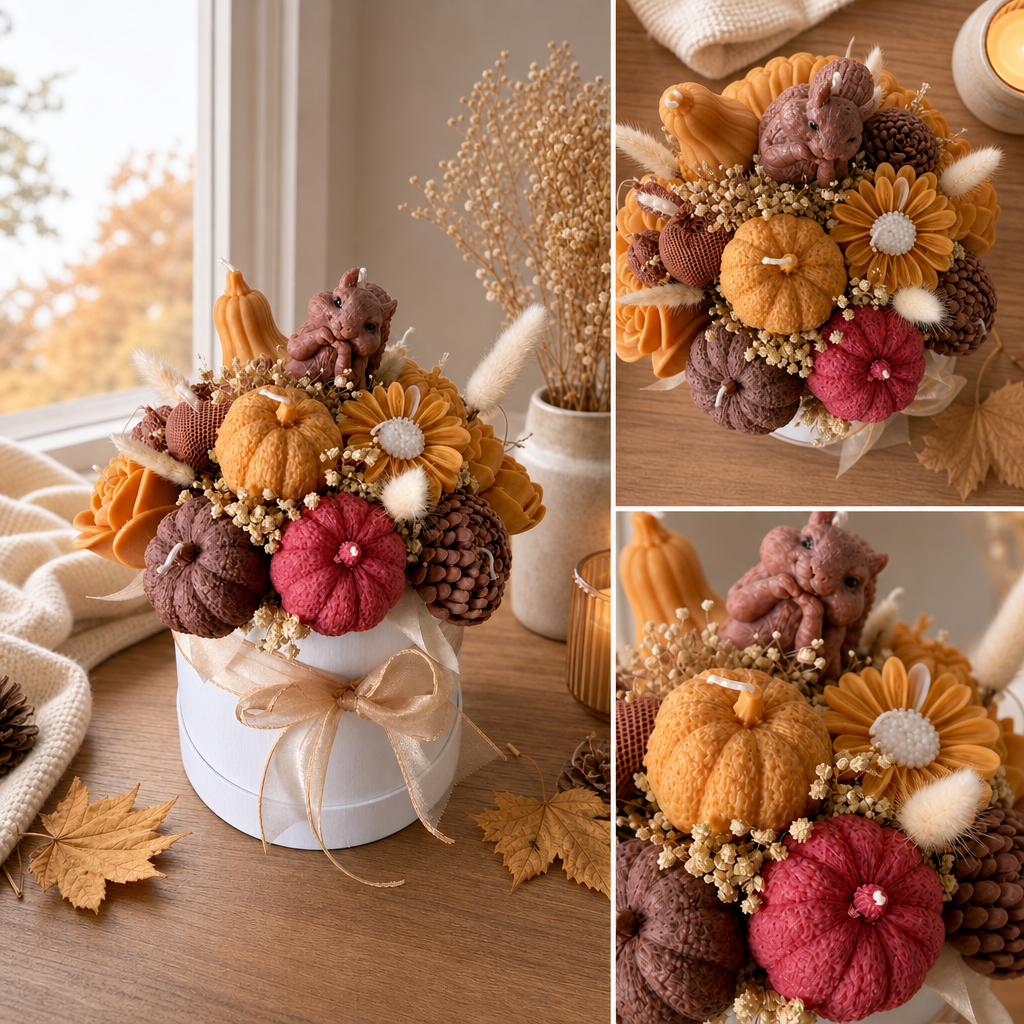 A cozy fall-themed decorative arrangement in a round white pot with a beige ribbon, shown in a collage with close-up views. The arrangement includes orange and brown knit pumpkins, a pink knit acorn, a brown knit bear, yellow knit daisies, beige dried flowers, and pinecones on a wooden table near a window and candle.