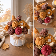 A cozy fall-themed decorative arrangement in a round white pot with a beige ribbon, shown in a collage with close-up views. The arrangement includes orange and brown knit pumpkins, a pink knit acorn, a brown knit bear, yellow knit daisies, beige dried flowers, and pinecones on a wooden table near a window and candle.