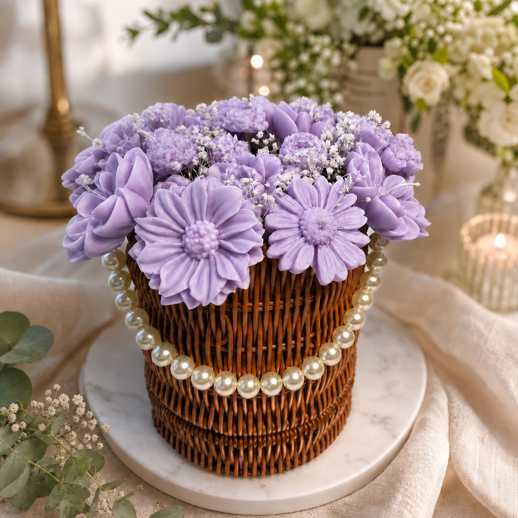 Handmade Peony & Chamomile Candle Bouquet in a Pearl Basket