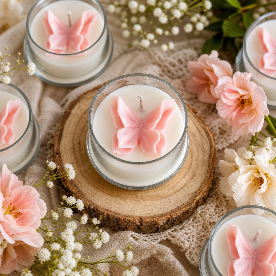 A set of white candles in clear glass jars, each topped with a pink butterfly-shaped wax piece, arranged on a rustic wood slice with pink flowers and white baby's breath on beige fabric.