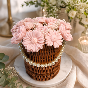 Handmade Peony & Chamomile Candle Bouquet in a Pearl Basket
