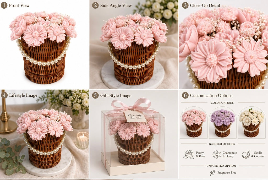 Handmade Peony & Chamomile Candle Bouquet in a Pearl Basket