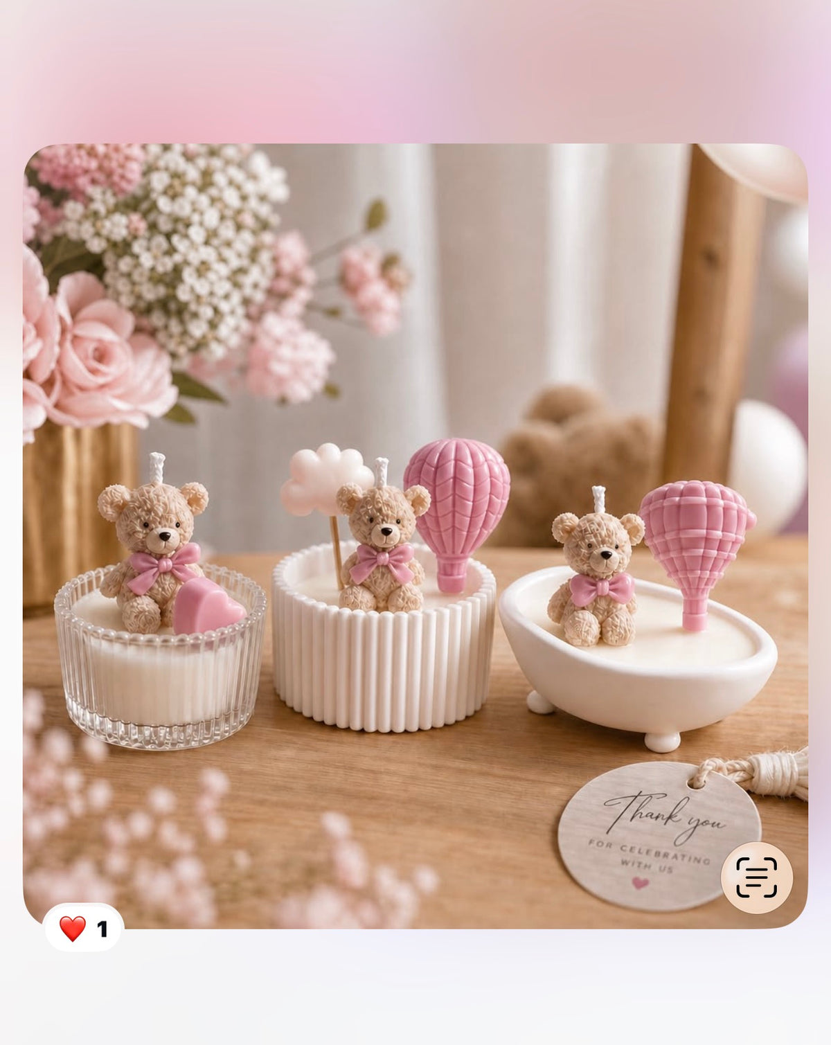 Teddy Bear Hot Air Balloon Baby Shower Candle Favors