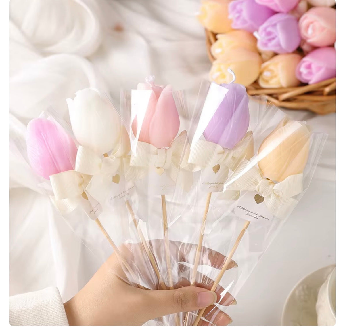 Realistic 3D Tulip Flower Candles with Wooden Stem