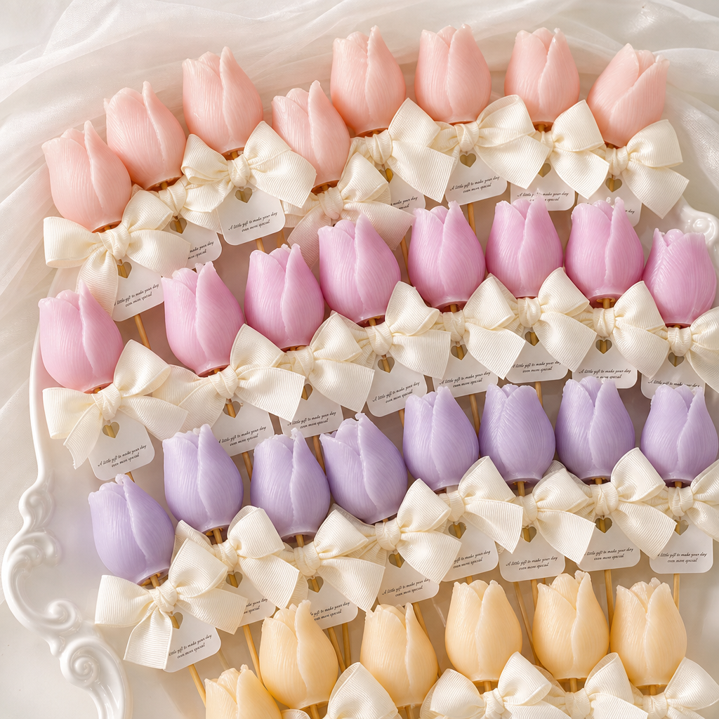 Realistic 3D Tulip Flower Candles with Wooden Stem