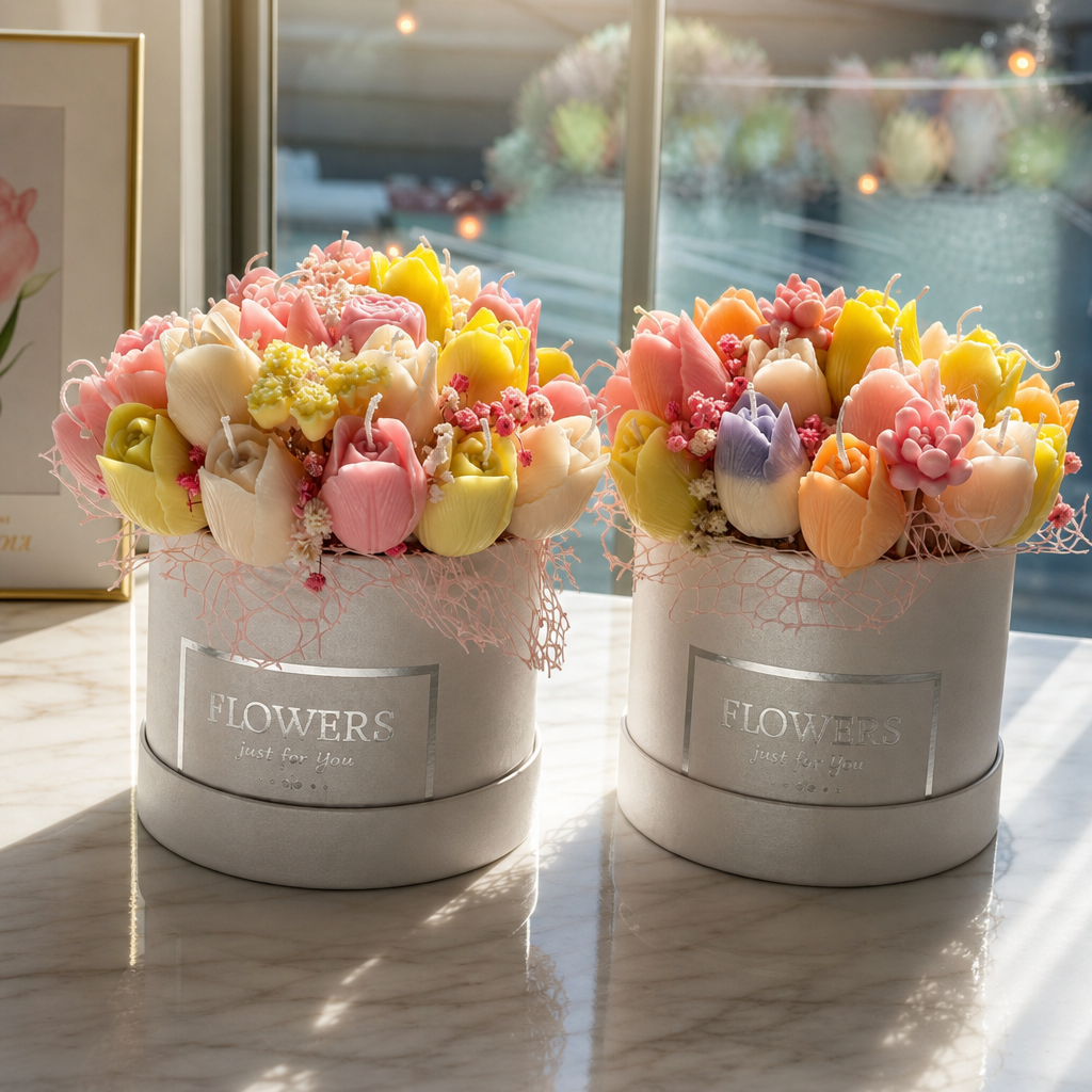 Two round white flower boxes filled with pastel tulips and succulents, placed on a marble surface near a window. The boxes have silver labels reading 'FLOWERS'.