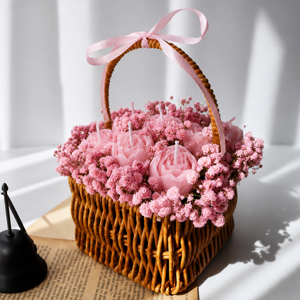 A wicker gift basket filled with pink rose-shaped candles and surrounded by pink baby's breath flowers, tied with a light pink ribbon, set on a vintage book with a black bell in the foreground.