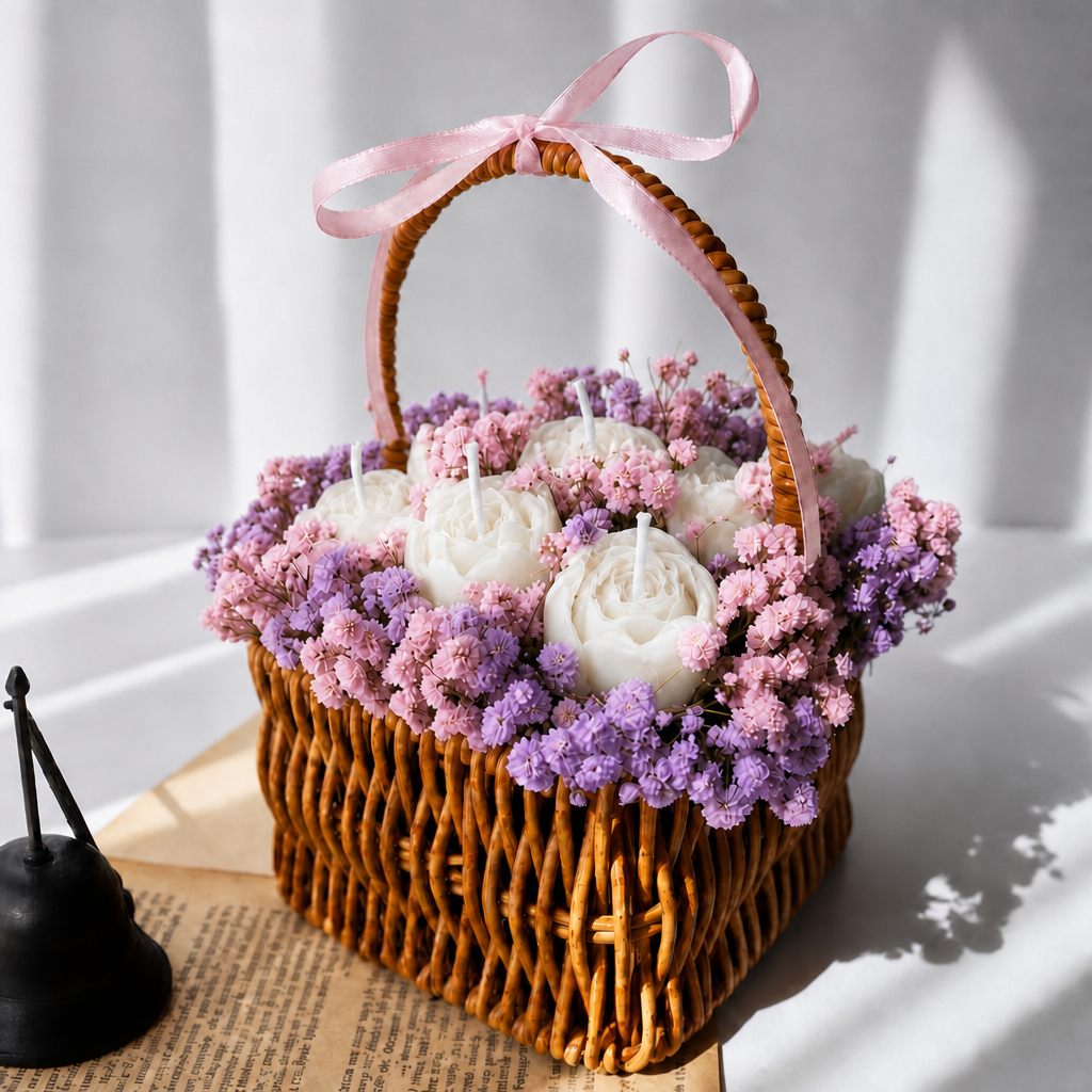 A wicker gift basket with a pink ribbon handle, filled with white rose-shaped candles and surrounded by pink and purple dried flowers, styled on a book with a small black bell in the foreground.