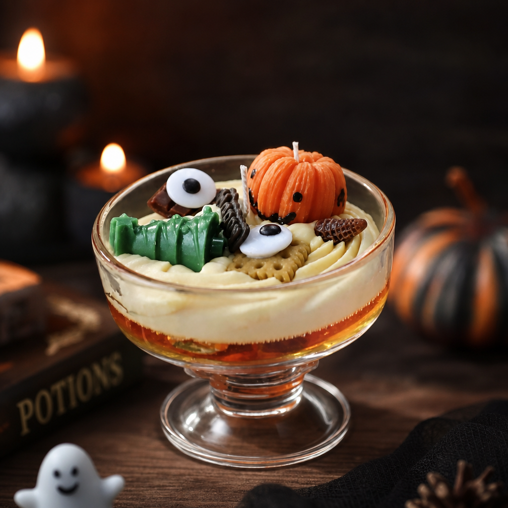 Haunted Harvest Dessert Candle - close up with pumpkin
