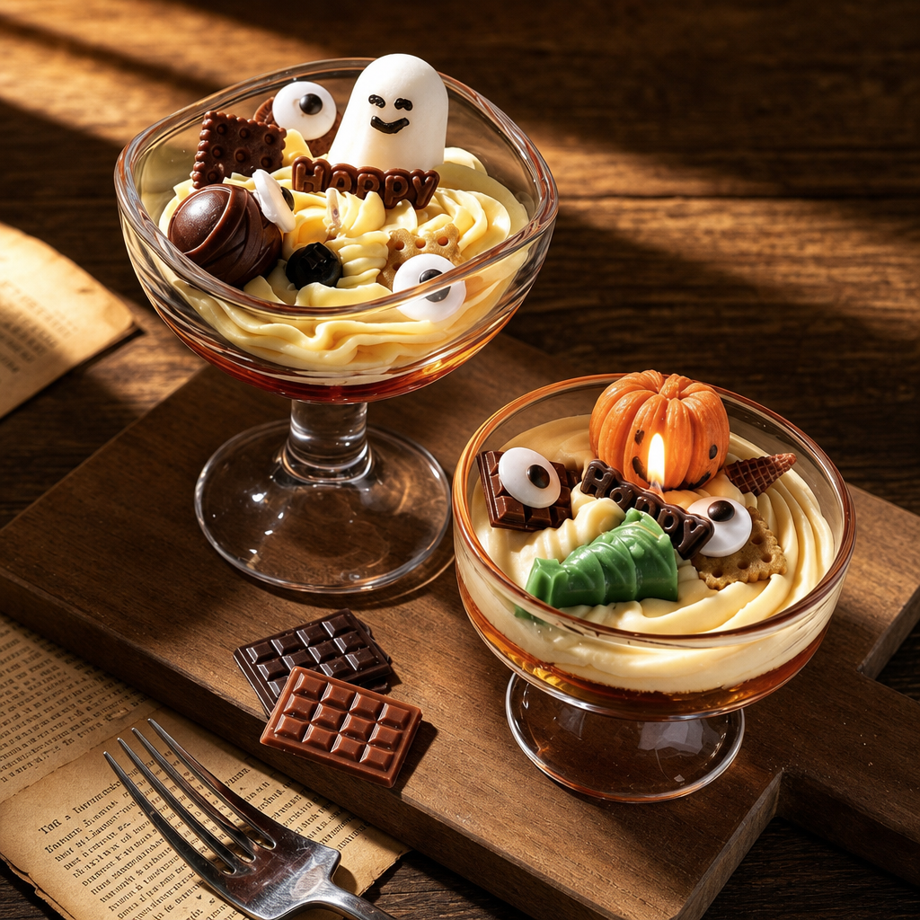 Haunted Harvest Dessert Candle - two candles with ghost and pumpkin