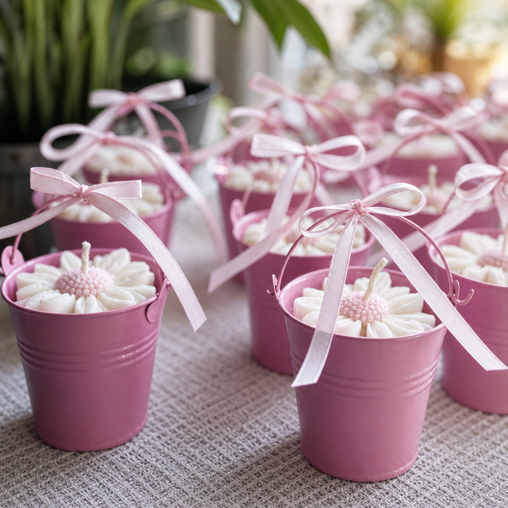 Pink metal bucket-shaped favor cups filled with white daisy candles, tied with pale pink ribbons, arranged on a textured tablecloth with a softly blurred indoor background.