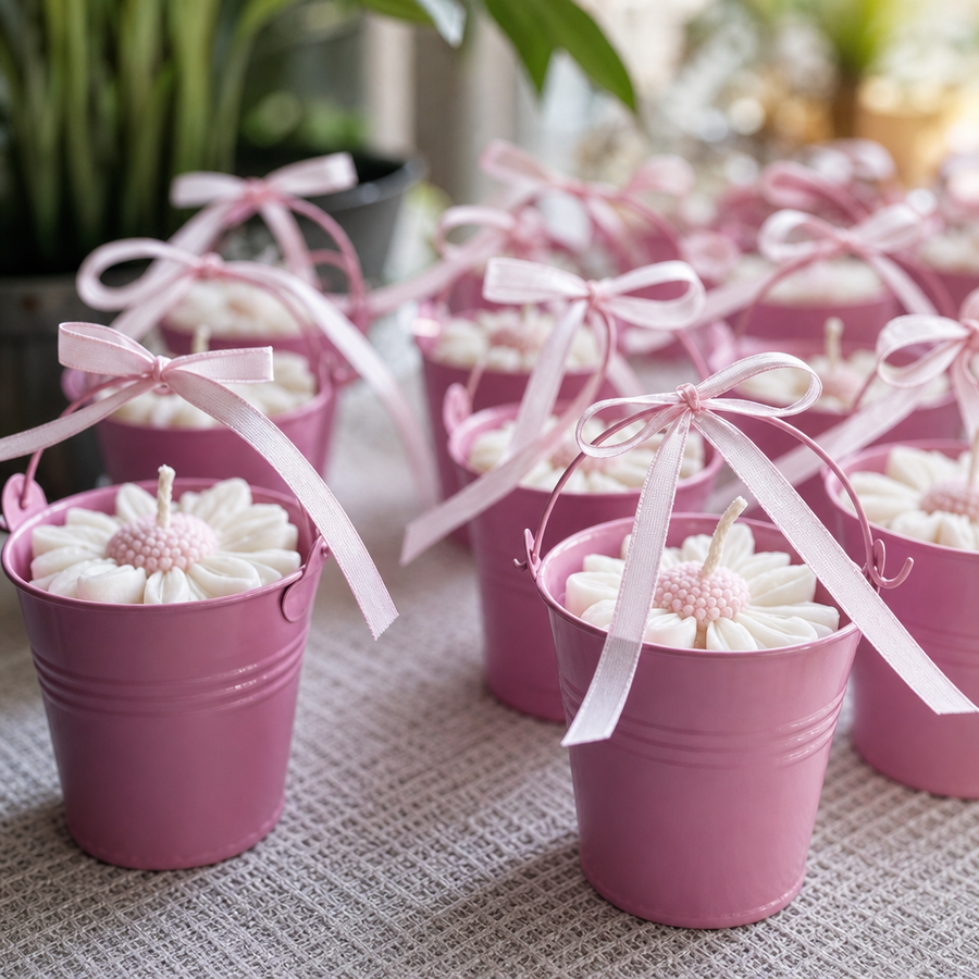 Pink metal bucket-shaped favor cups filled with white daisy candles, tied with pale pink ribbons, arranged on a textured tablecloth with a softly blurred indoor background.