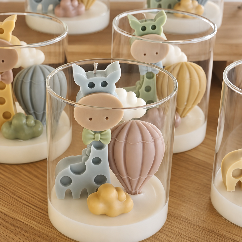 A set of clear glass candle holders containing layered white wax bases with whimsical animal and hot air balloon decorations, arranged on a wooden tabletop.