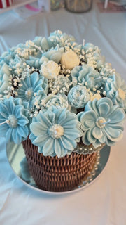 Handmade Peony & Chamomile Candle Bouquet in a Pearl Basket